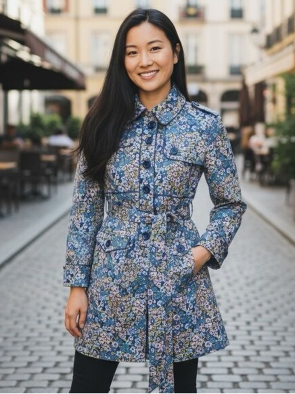 Anthropologie Elevenses Floral Rain Jacket Trench Coat Blue Purple Spring Size 4